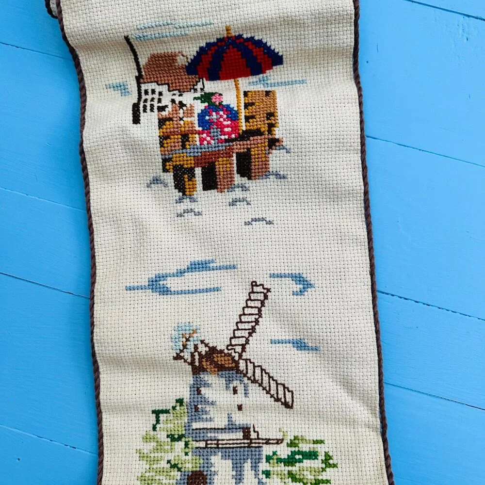 Vintage Embroidered Wall Hanging Tapestry Windmill Sailboat European Scenic 42
